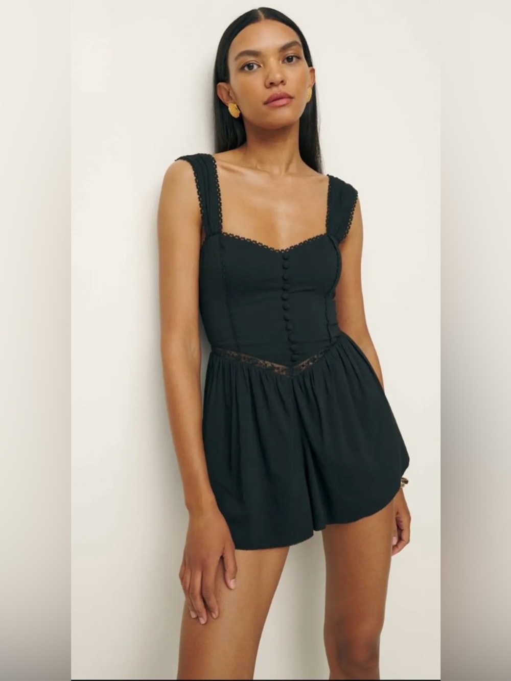 Reformation Black Luisa Lace-Trim Romper